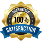 A gold and blue seal with the words " guaranteed 1 0 0 % satisfaction ".