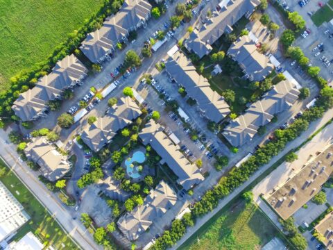 A bird 's eye view of a residential area.