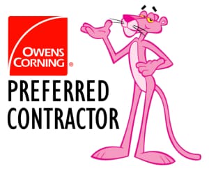 A pink panther is standing next to the owens corning logo.